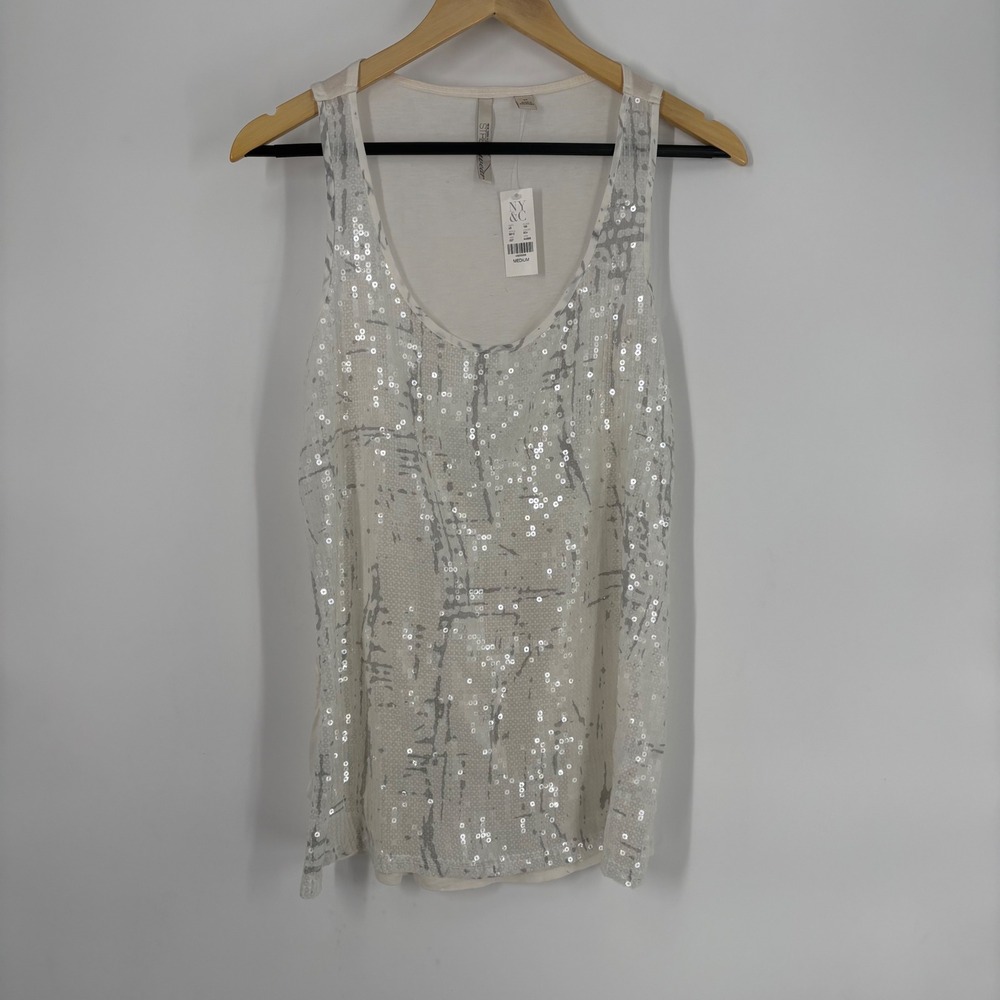New York & Company Streetwear Womens Medium‎ White Silver Sequin Tank Top NWT